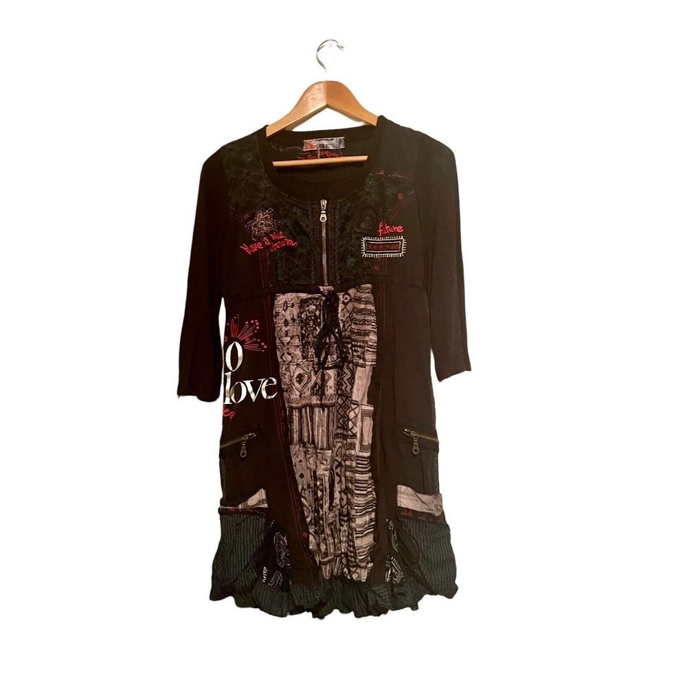Desigual Women's Dress S/M 38 Love Dream Pocket Black Punk Embroidered Patch